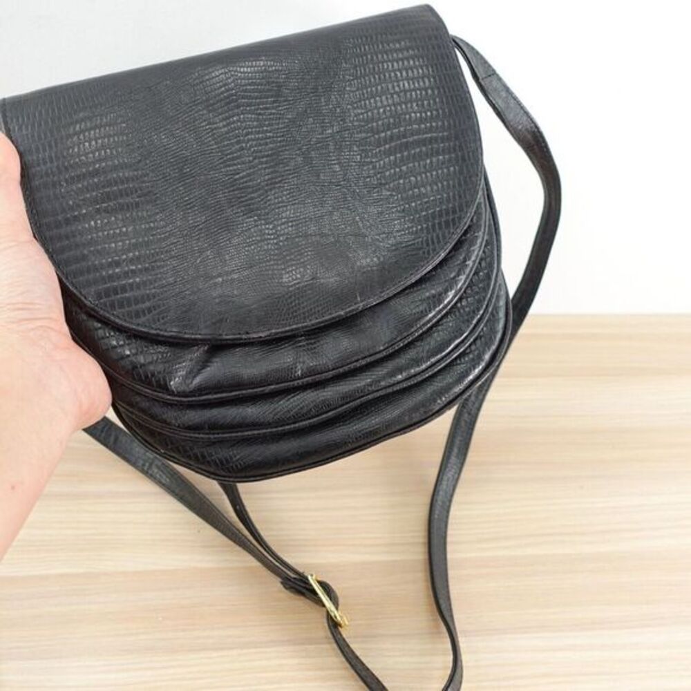 Black Lizard Crossbody Saddle Bag Boho Goth Leather Clutch Purse BRIO Embossed